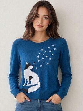 NWT LOFT Teal Blue Long Sleeve Crewneck Novelty Sweater Wolf Husky Dog XS